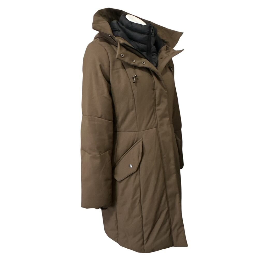Cole Haan Signature Insulated Parka Women L Brown Winter Coat Hooded Bib Insert - Picture 5 of 9